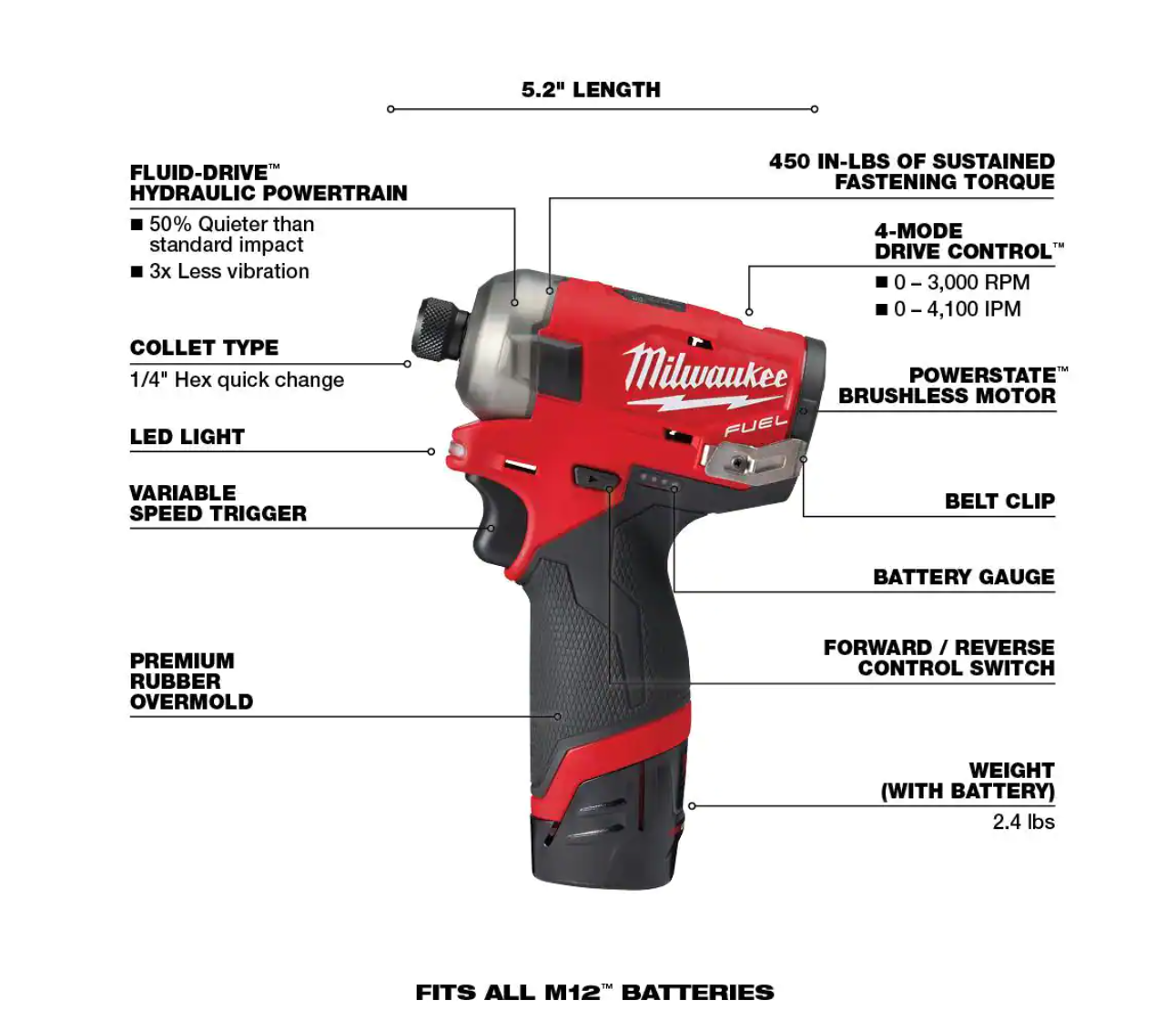 Milwaukee 2551-22-2554-20 M12 FUEL SURGE 12V Lithium-Ion Brushless Cordless 1/4 in. Hex Impact Driver Compact Kit & M12 FUEL 3/8 in. Impact Wrench