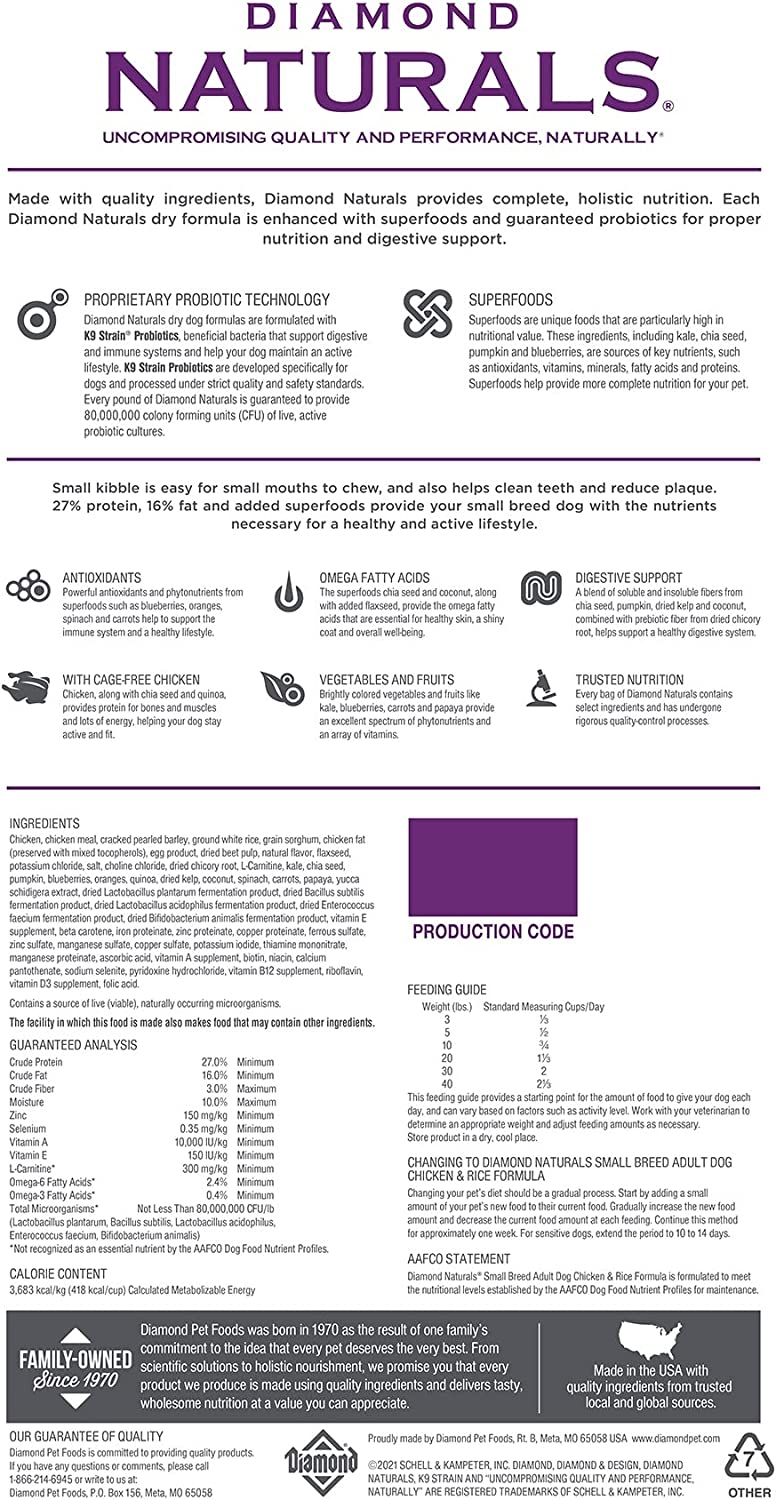 Diamond Naturals Dry Food for Adult Dogs. Small Breed Chicken and Rice Formula. 18 Pound Bag