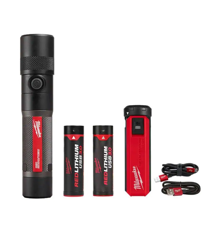 Milwaukee 1100 Lumens LED USB Rechargeable Twist Focus Flashlight with REDLITHIUM USB Charger and Portable Power Source Kit