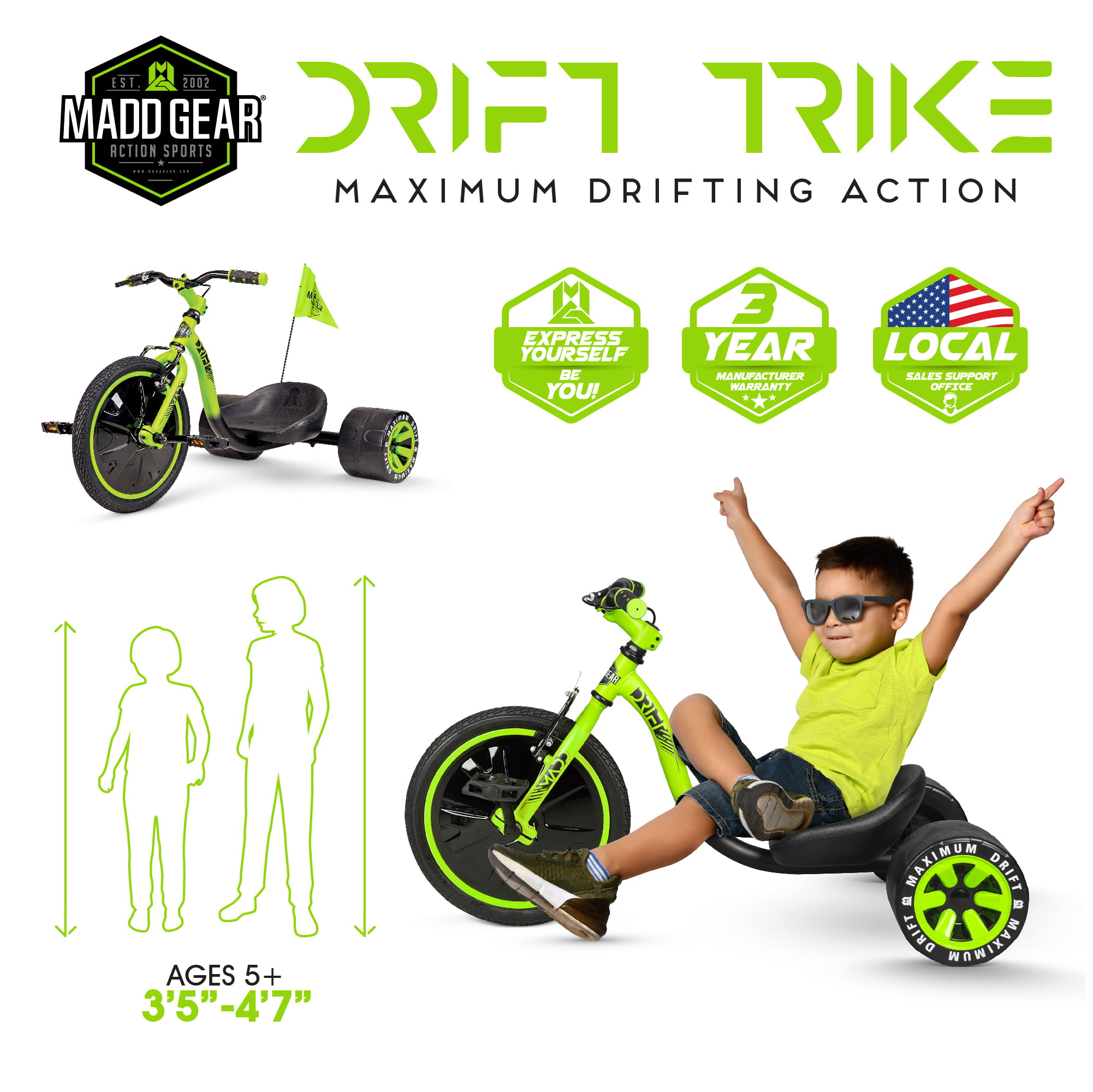 Madd Gear Drift Trike Strong Steel Frame Tricycle Adjustable Seat Black Green Machine 5 Years & up