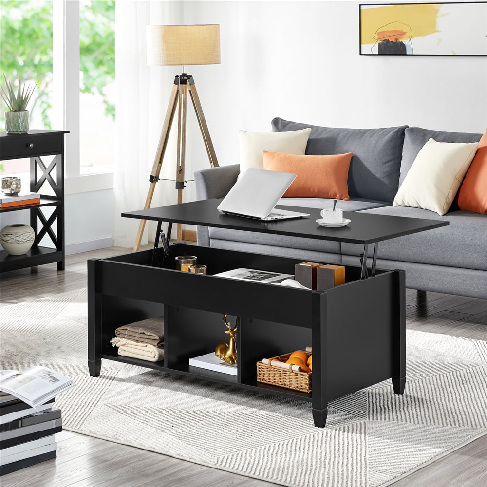 Alden Design 47.5inch Wooden Lift Top Coffee Table with 3 Storage Compartments. Black