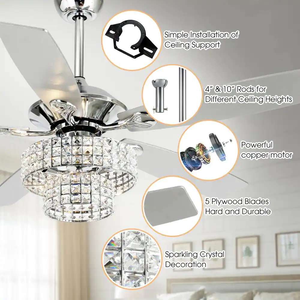 Parrot F6215A110V Uncle Howell 52 in. Indoor Chrome Downrod Mount Crystal Chandelier Ceiling Fan with Light Kit and Remote Control