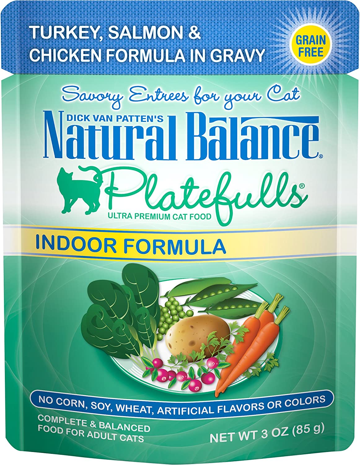 Natural Balance Platefulls Indoor Formula Turkey Salmon & Chicken in Gravy Grain-Free Cat Food Pouches 3-oz pouch case of 24