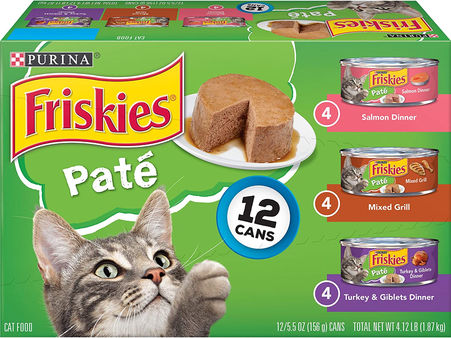 Purina Friskies Pate Wet Cat Food Variety Pack. Salmon. Turkey & Grilled - (2 Packs of 12) 5.5 oz. Cans