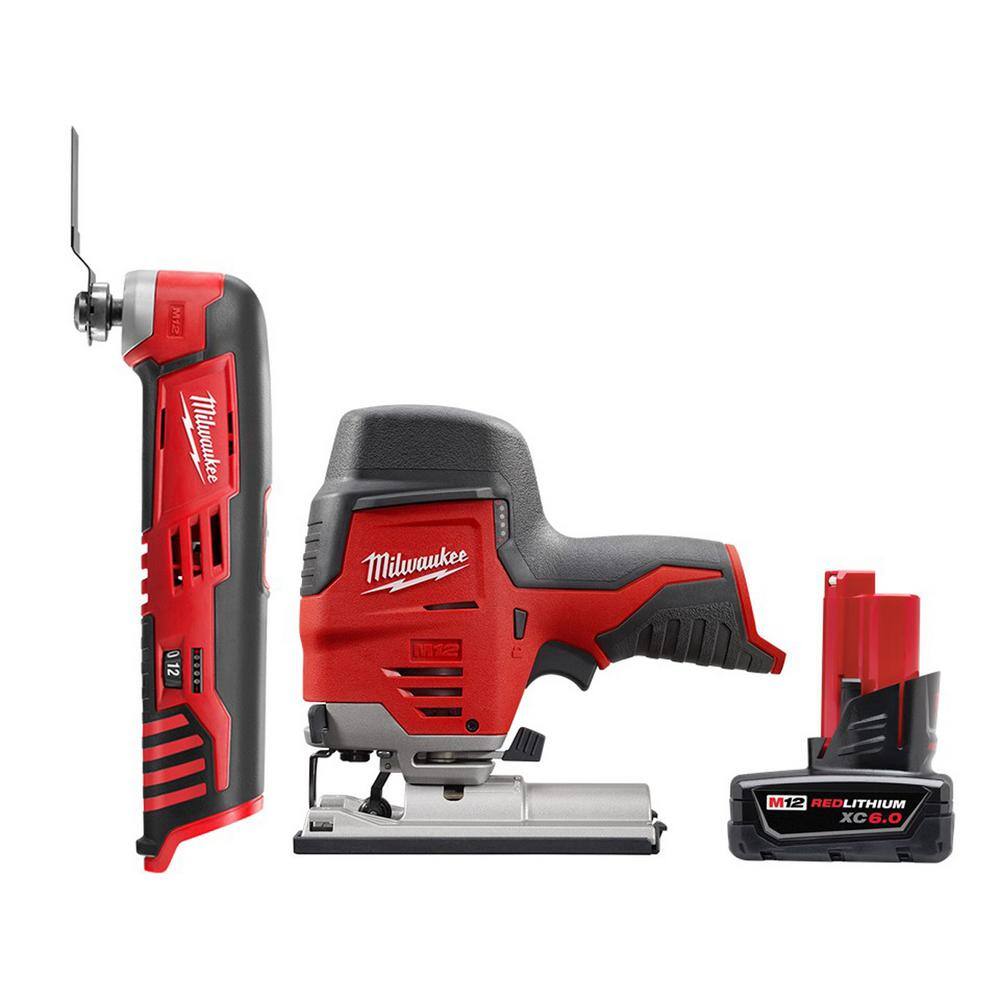 Milwaukee 2426-20-2445-20-48-11-2460 M12 12V Lithium-Ion Cordless Oscillating Multi-Tool with M12 Cordless Jig Saw and 6.0 Ah XC Battery Pack