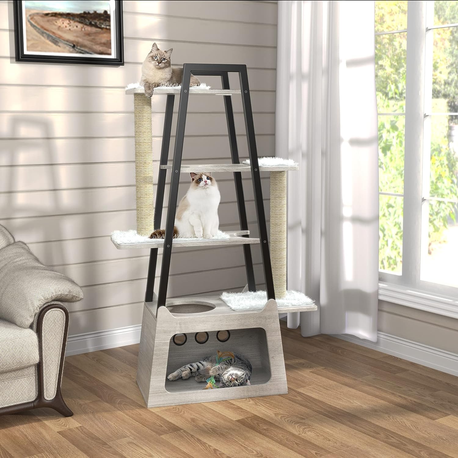 GDLF Modern Cat Tree Wooden Heavy Duty Cat Tower for Indoor Cats with Condo and Long Scratching Posts for Large Felines Easy Clean 54″