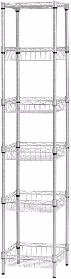 SINGAYE Storage Shelves. 6-Tier Wire Shelving Unit with Baskets Storage Rack Corner Shelf Shelving Adjustable Storage Shelf. Medium. 13.4″ D x 13.4″ W x 62.99″ H.Silver