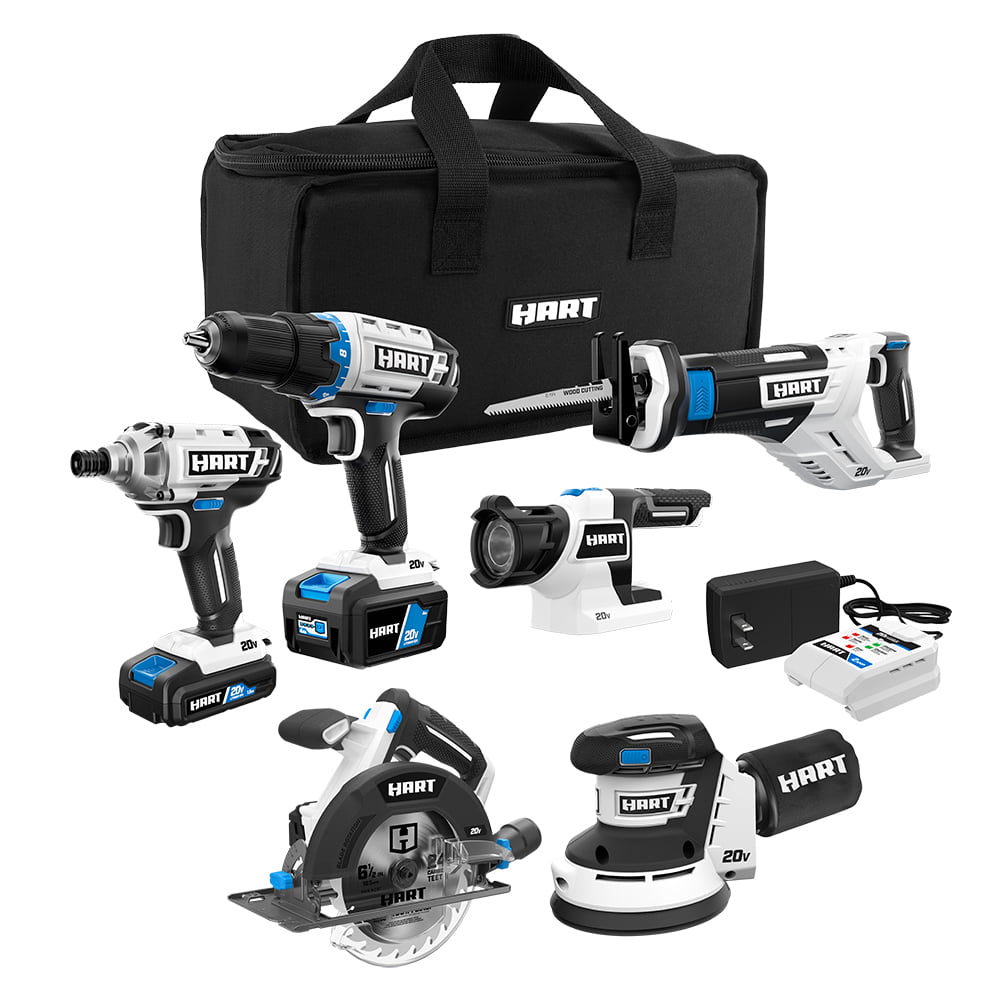 HART 20-Volt Cordless 6-Tool Combo Kit (1) 4.0Ah & (1) 1.5Ah Lithium-Ion Batteries. Charger and Storage Bag