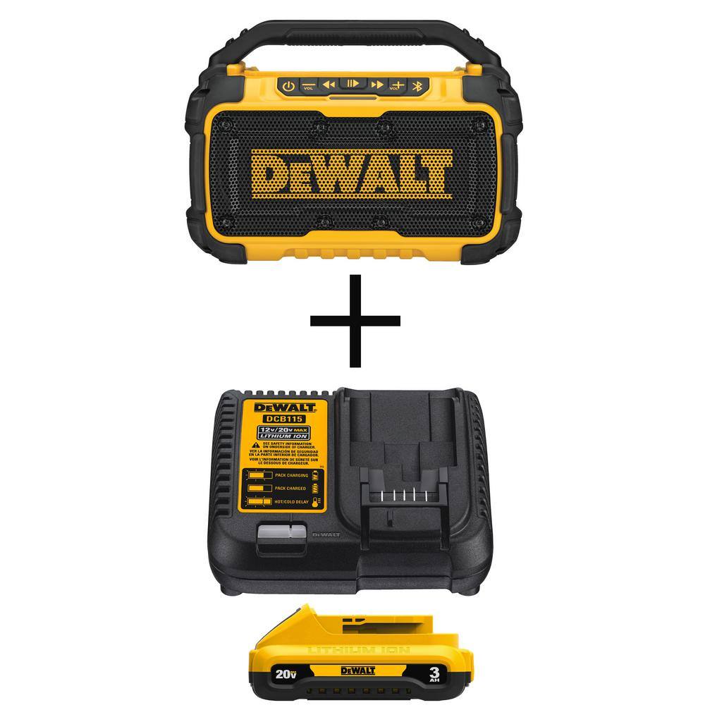 DEWALT DCR010WDCB230C 20V MAX Bluetooth Speaker. (1) 20V MAX Compact Lithium-Ion 3.0Ah Battery. and 12V-20V MAX Charger