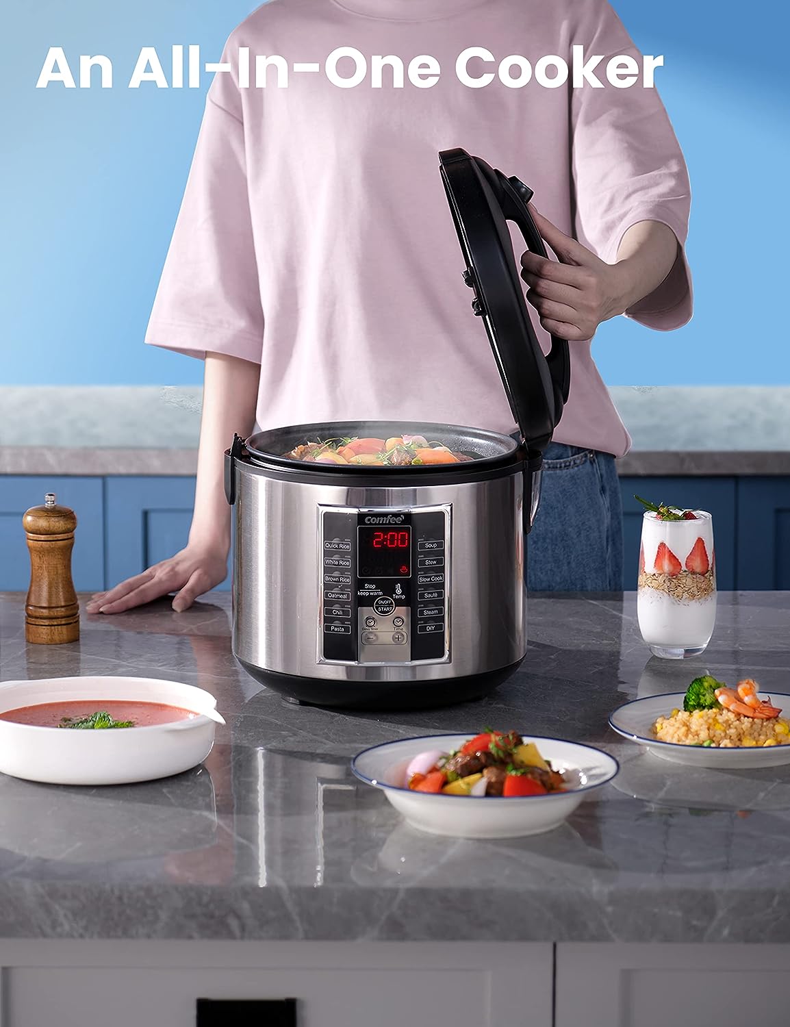 COMFEE- Rice Cooker 10 cup Uncooked . Rice Maker. Steamer. Stewpot. Saute All in One (12 Digital Cooking Programs) Multi Cooker (5.2Qt ) Large Capacity. 24 Hours Preset. Olla Arrocera Electrica