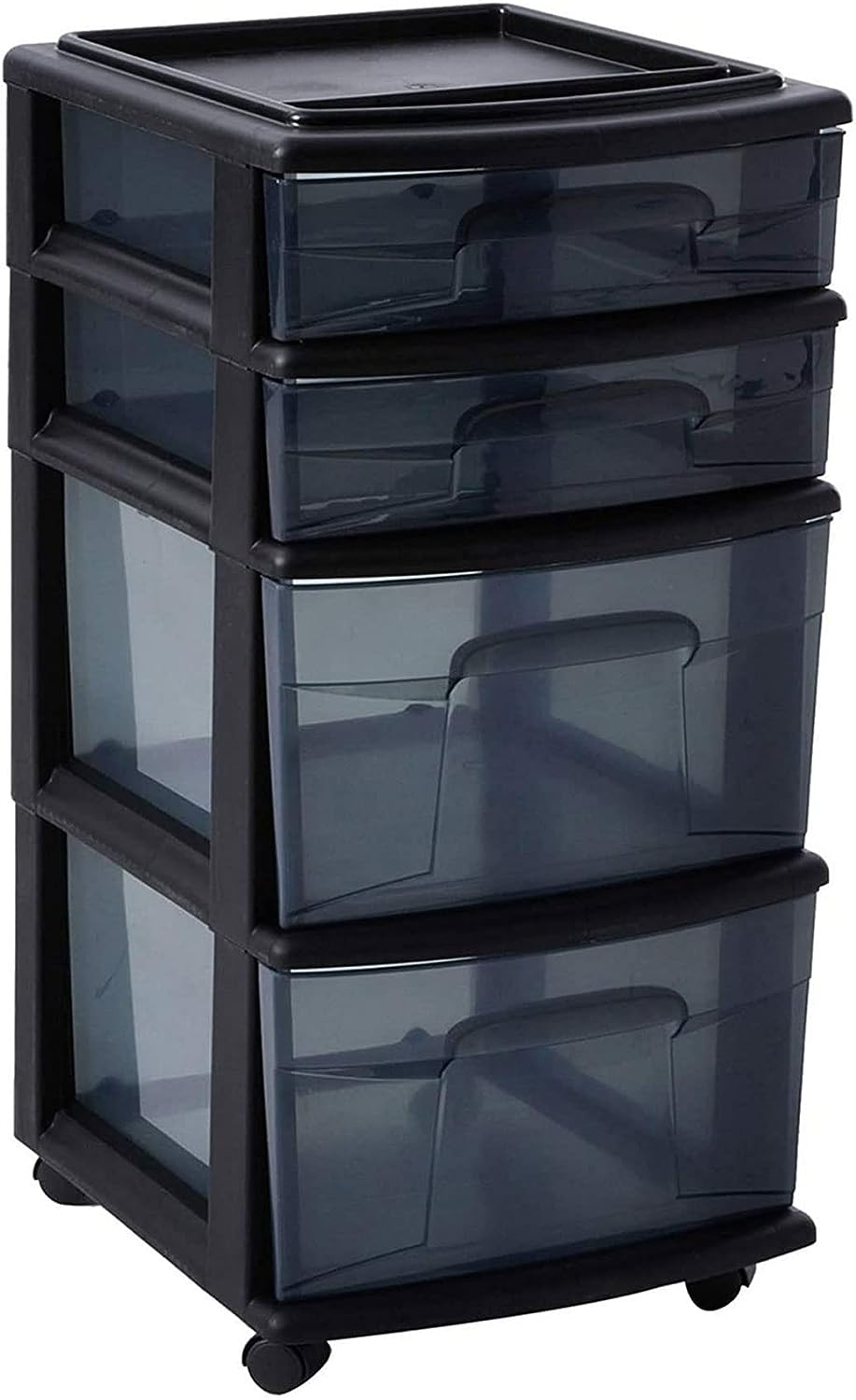 HOMZ Plastic 4 Drawer Medium Cart. Black Frame with Smoke Tint Drawers. Casters Included