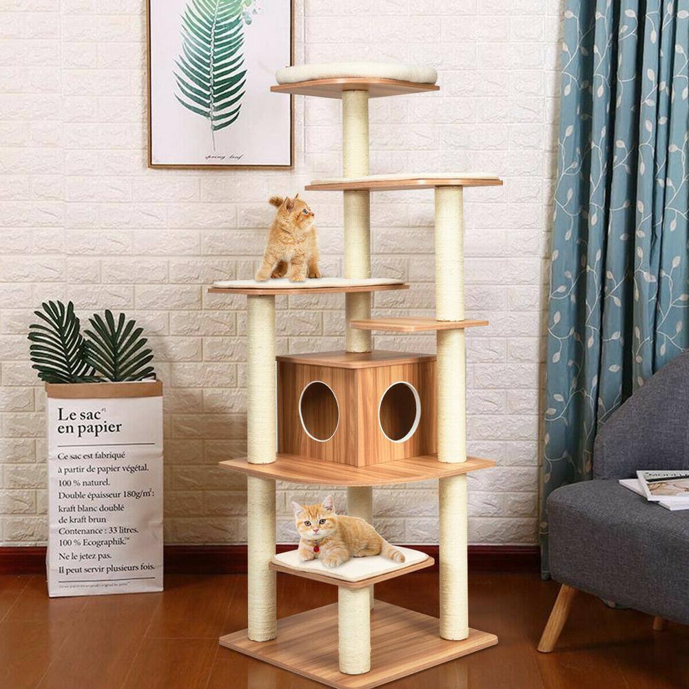 FORCLOVER CJ7431 69 in. H Wood Multi-Layer Platform Cat Tree with Condo with Wood Furniture Cover
