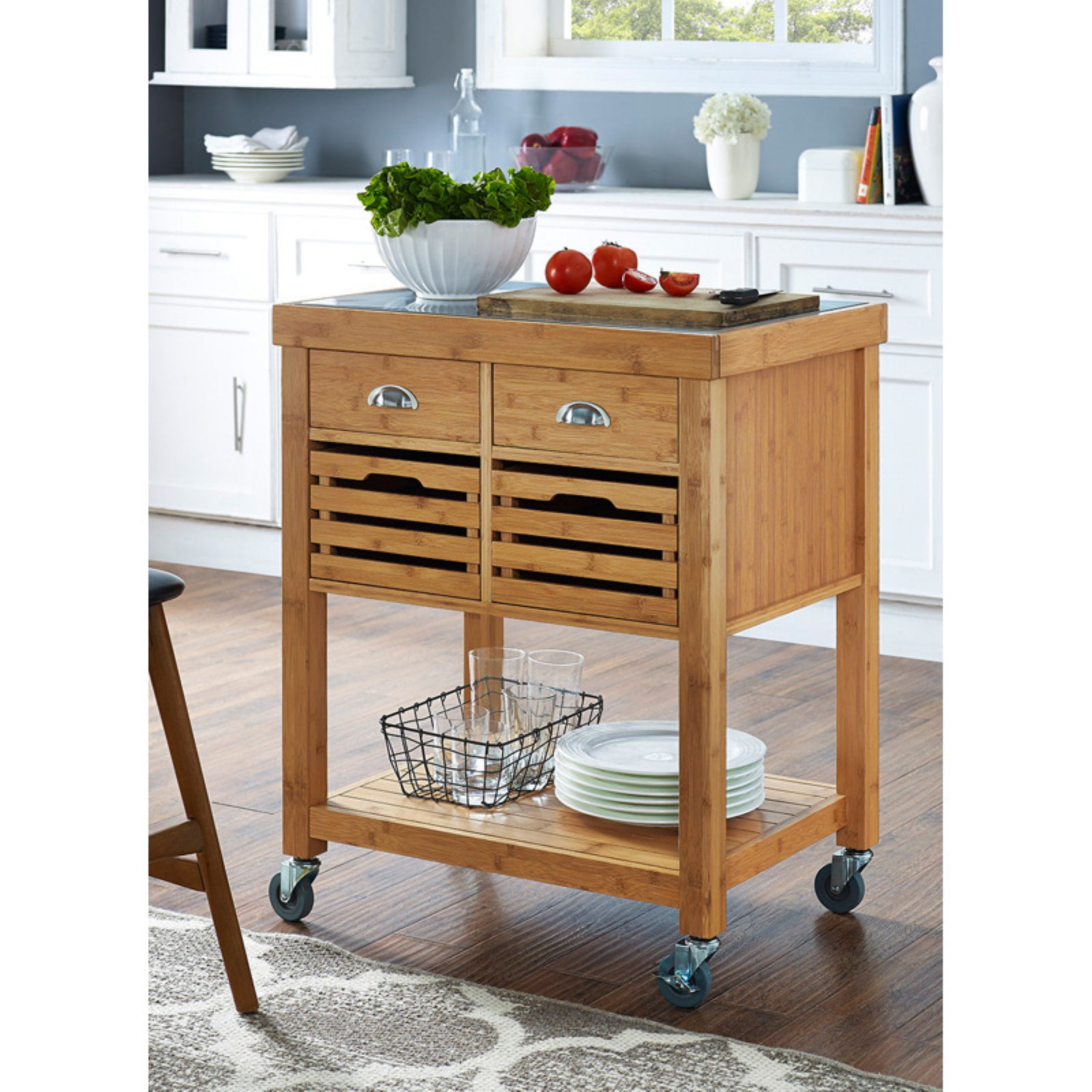Boraam Kenta Bamboo Kitchen Cart with Stainless Steel Top. Natural
