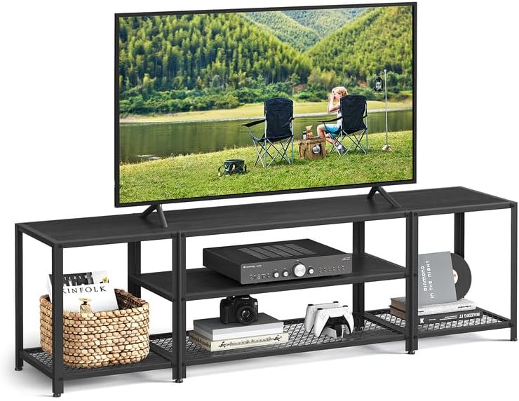 VASAGLE Modern TV Stand for TVs up to 75 Inches. 3-Tier Entertainment Center. Industrial TV Console Table with Open Storage Shelves. for Living Room. Bedroom. Black with Wood Grain ULTV098B22