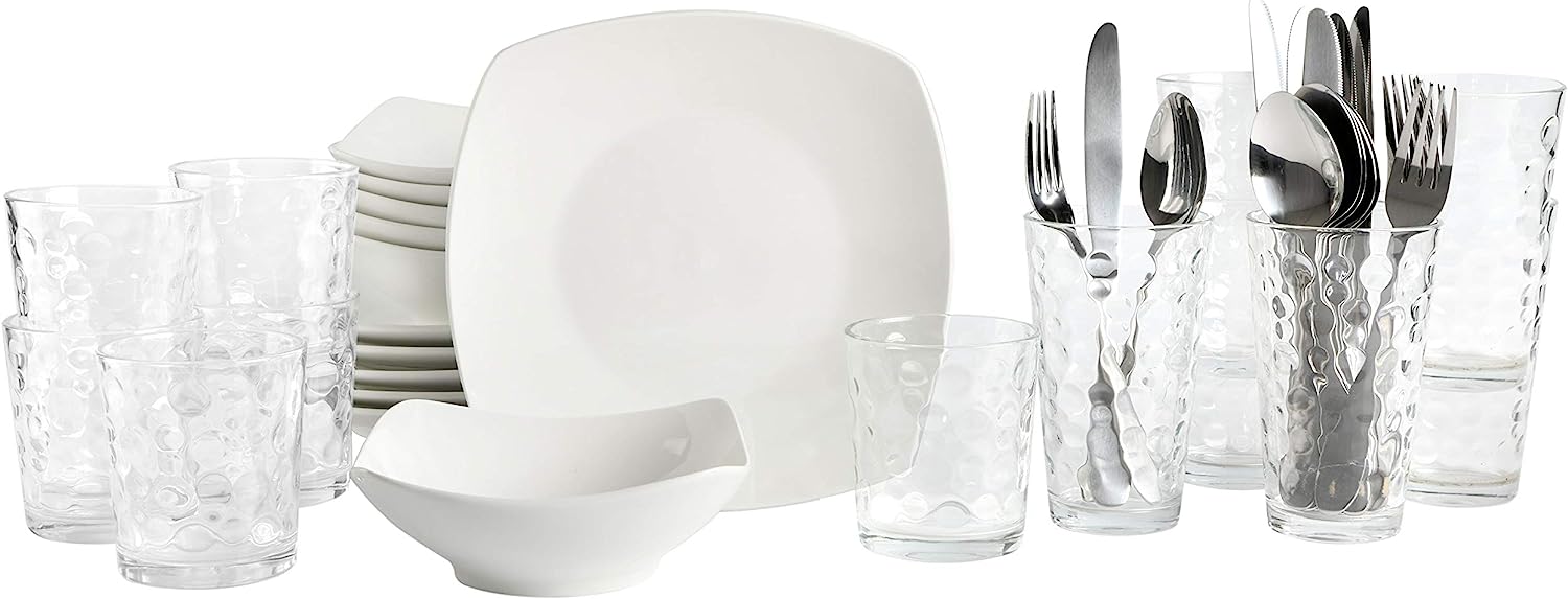 Gibson Home Zen Buffet Square 42 Piece Combo Porcelain Dinnerware. Glassware. Silverware Set. White (Square) (138423.42R)