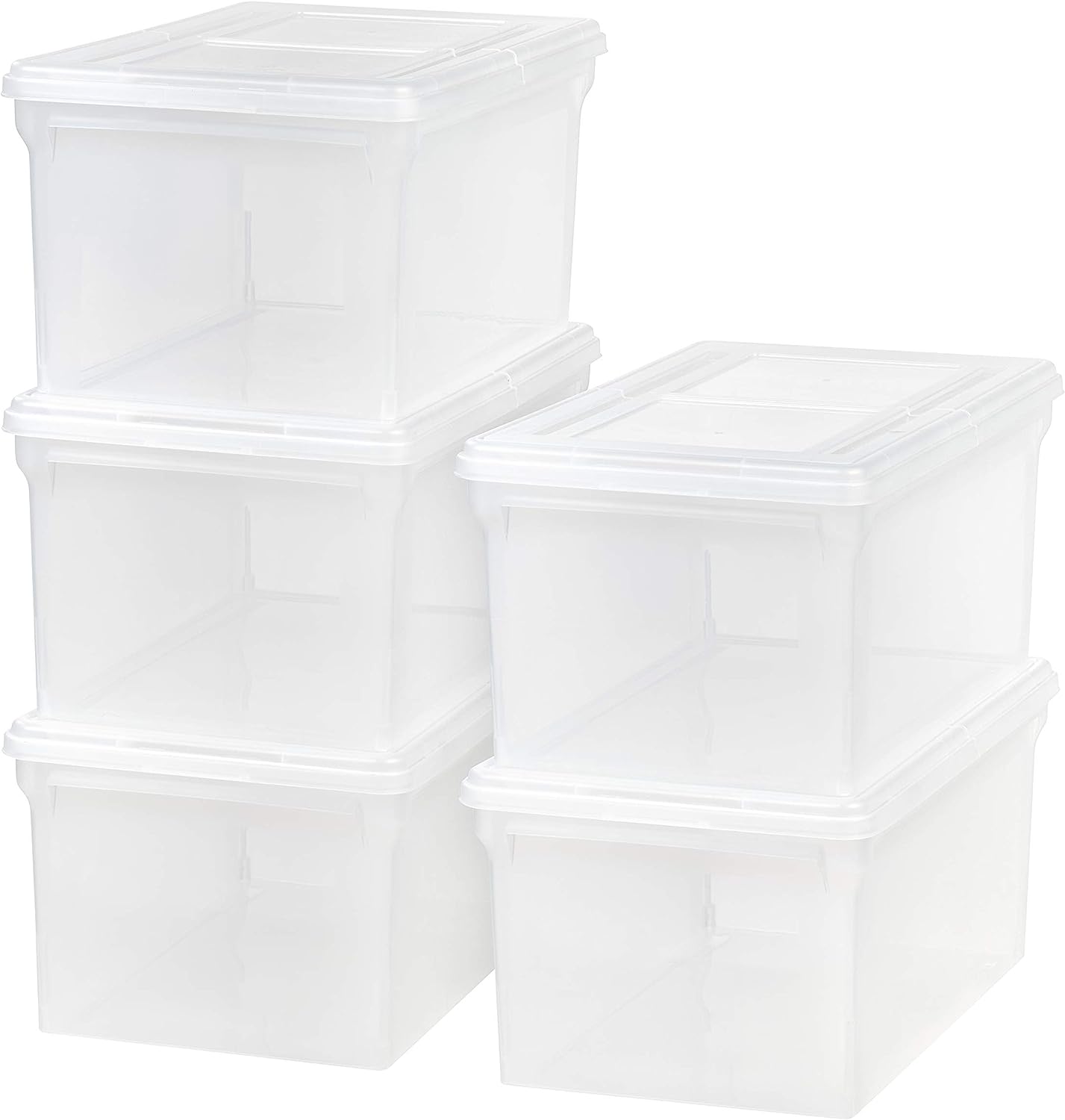 IRIS USA Letter/Legal File Tote Box. 5 Pack. BPA-Free Plastic Storage Bin Tote Organizer with Durable and Secure Hinged Latching Lid. Stackable and Nestable. Clear