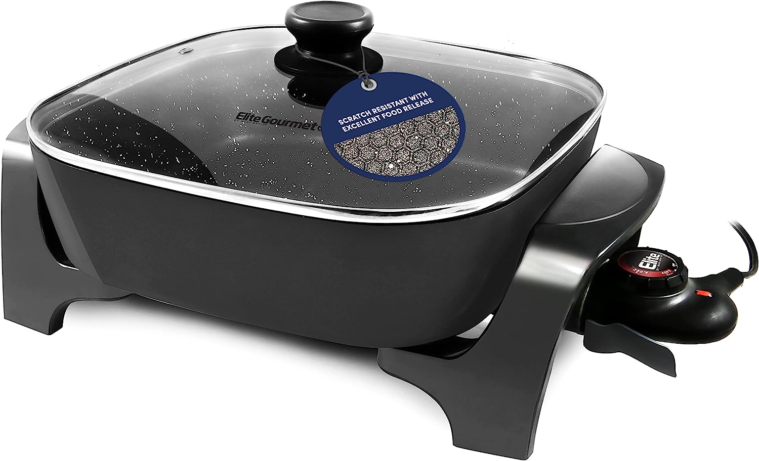 Elite Gourmet EG6201 Extra Deep 12″x12″x3.2″ (7.5Qt.) Scratch Resistant Dishwasher Safe. Non-stick Electric Skillet with Glass Vented Lid. Adjustable Temperature. Black