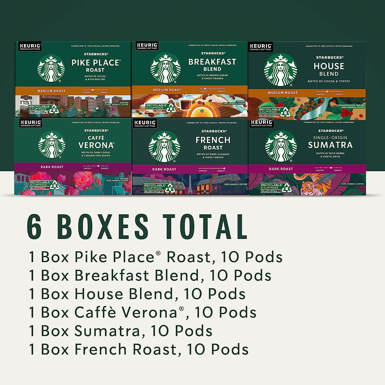 Starbucks K-Cup Coffee Pods. Medium & Dark Roast Variety Pack for Keurig Brewers. 100% Arabica. 6 boxes (60 pods total)