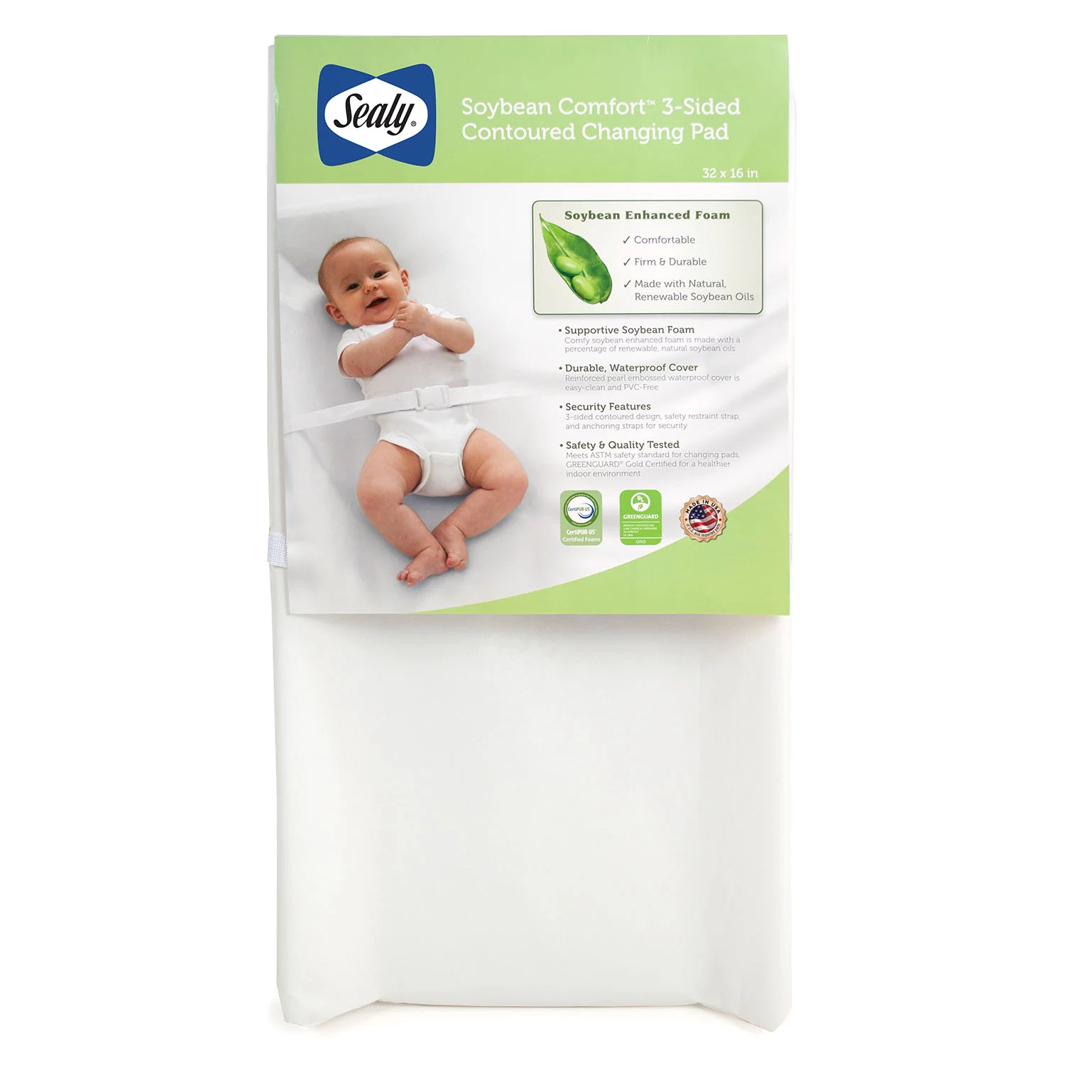 Sealy Baby Soybean Comfort Waterproof 3-Sided Contoured Diaper Changing Pad for Dresser or Changing Table. White. 32 x 16