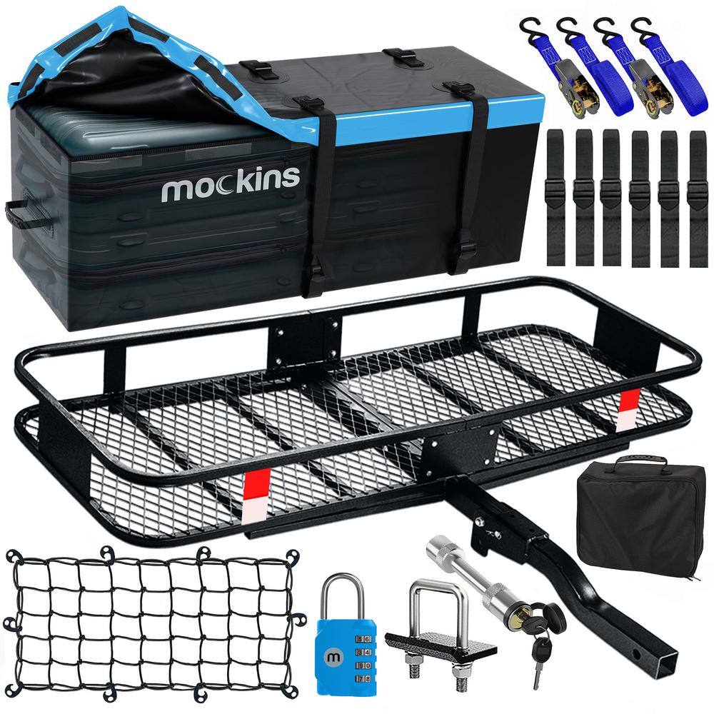 Mockins NA-26 500 lbs. Capacity Hitch Mount Cargo Carrier Set with Folding Shank and 2 in. Raise. Cargo Bag. Net. Straps. Locks - Blue