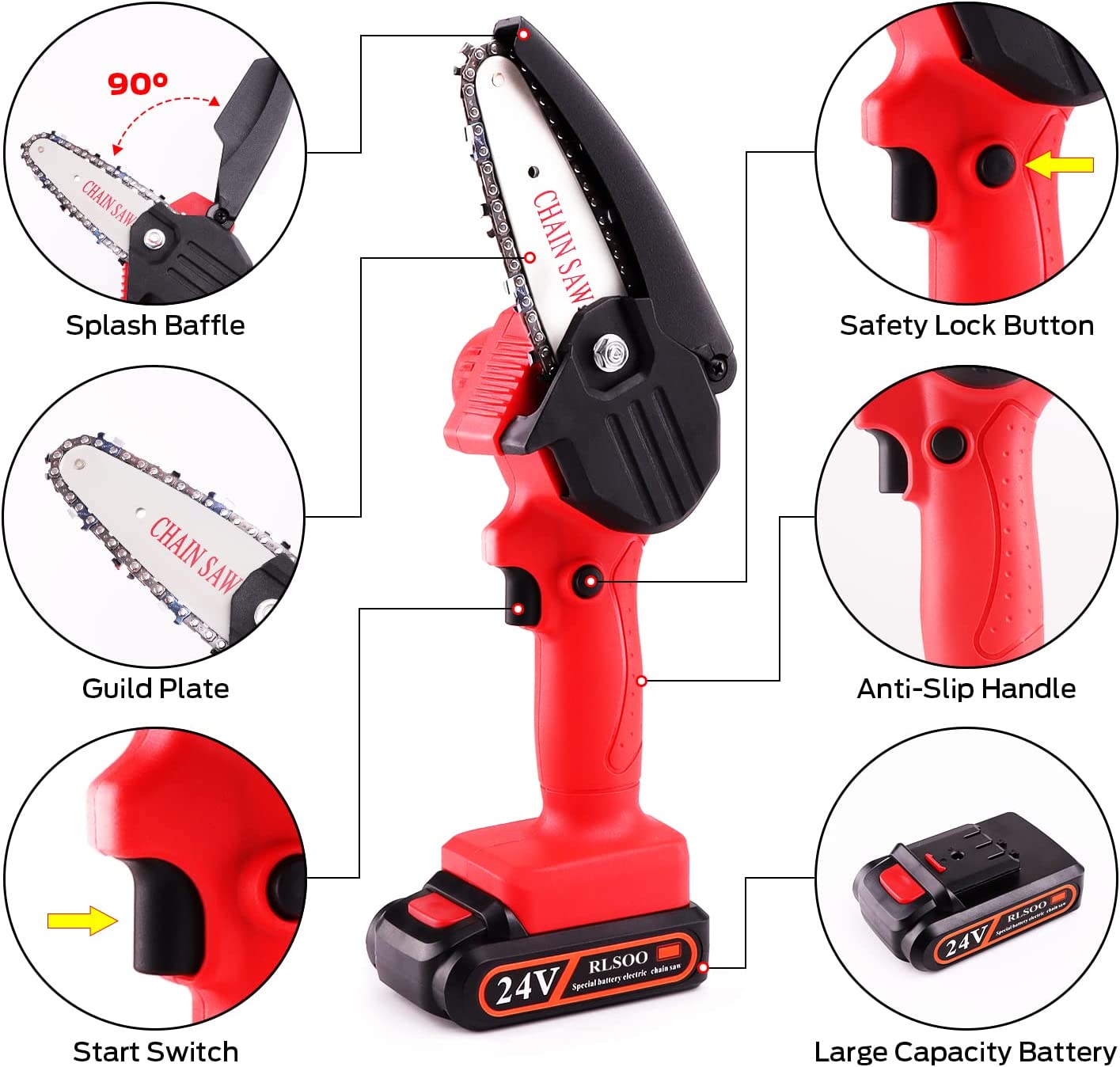 Mini Chainsaw. RLSOO Upgraded 4-Inch 24V Battery Powered Cordless Chainsaw. Portable One-Handed Rechargeable Electric Chainsaw for Tree Trimming Branch Wood Cutting2 Batteries. 2 Chains Included