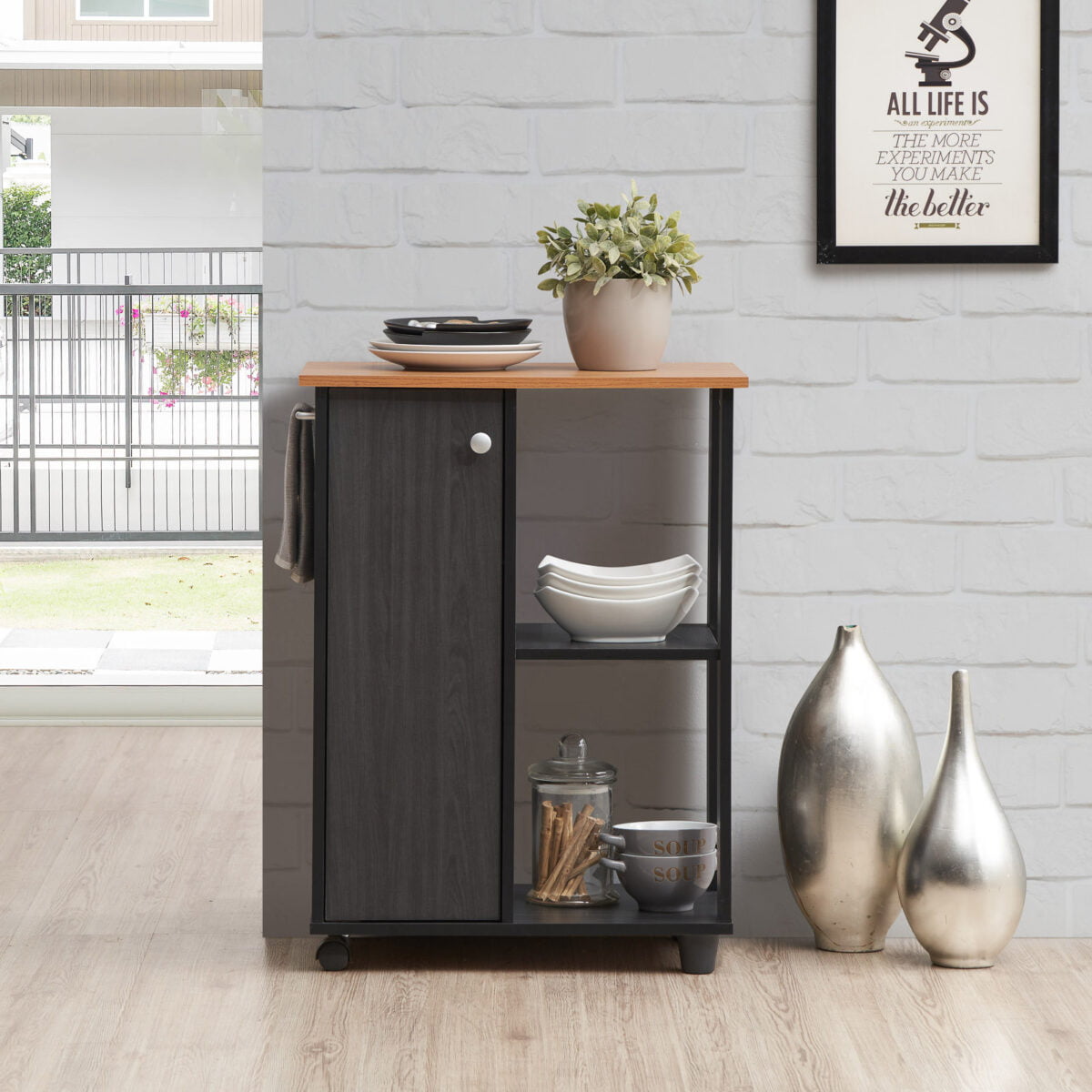Hodedah 23.6″ Wide Open Shelves and Cabinet Space Kitchen Cart. Black-Beech