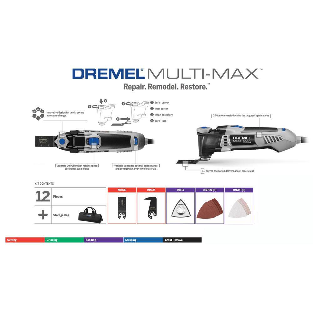 Dremel MM35-01 Multi-Max MM35 3.5 Amp Variable Speed Corded Oscillating Multi-Tool Kit with 12 Accessories and Storage Bag