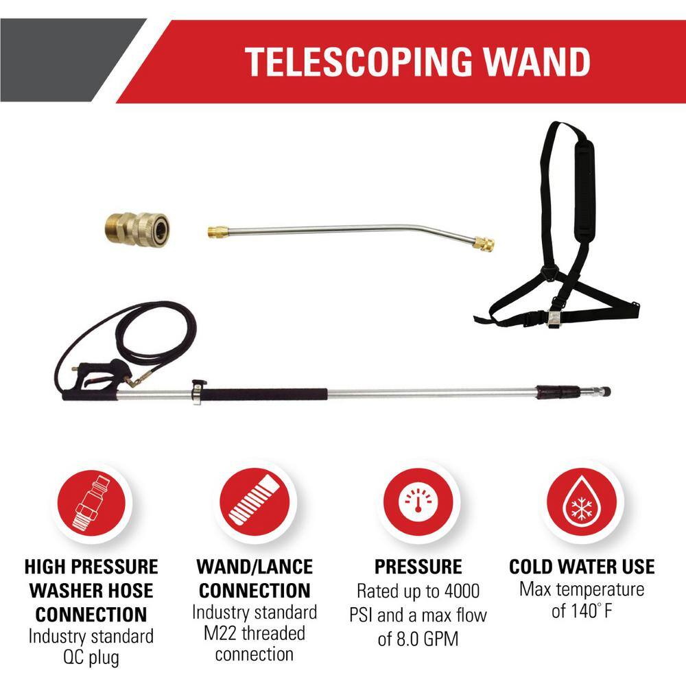 SIMPSON 80470 18 ft. Telescoping Wand for Cold Water 4000 PSI Pressure Washers. Includes 20″ Wand. M22 QC Adpater. Adjustable Harness