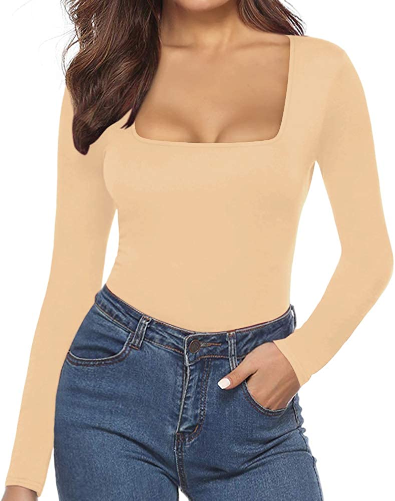 MANGOPOP Women's Square Neck Short Sleeve Long Sleeve Tops Bodysuit Jumpsuit. Long Sleeve Nude