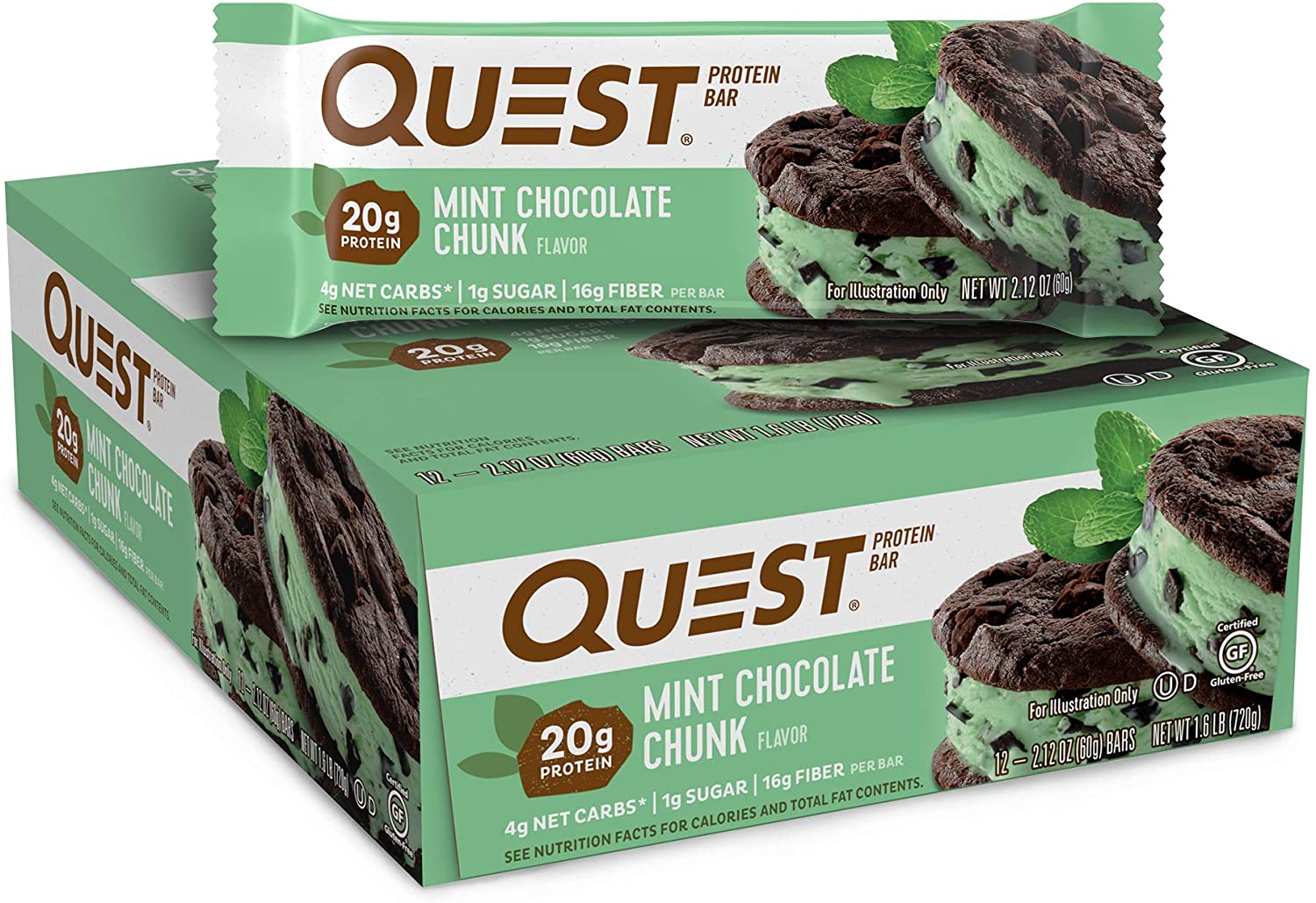 Quest Nutrition Mint Chocolate Chunk Protein Bar. Keto Friendly. 12 Count