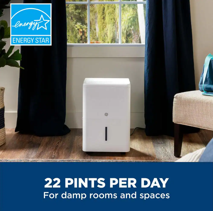 GE ADHL22LA 22 pt. Dehumidifier with Smart Dry for Bedroom. Basement or Damp Rooms up to 1500 sq. ft. in White