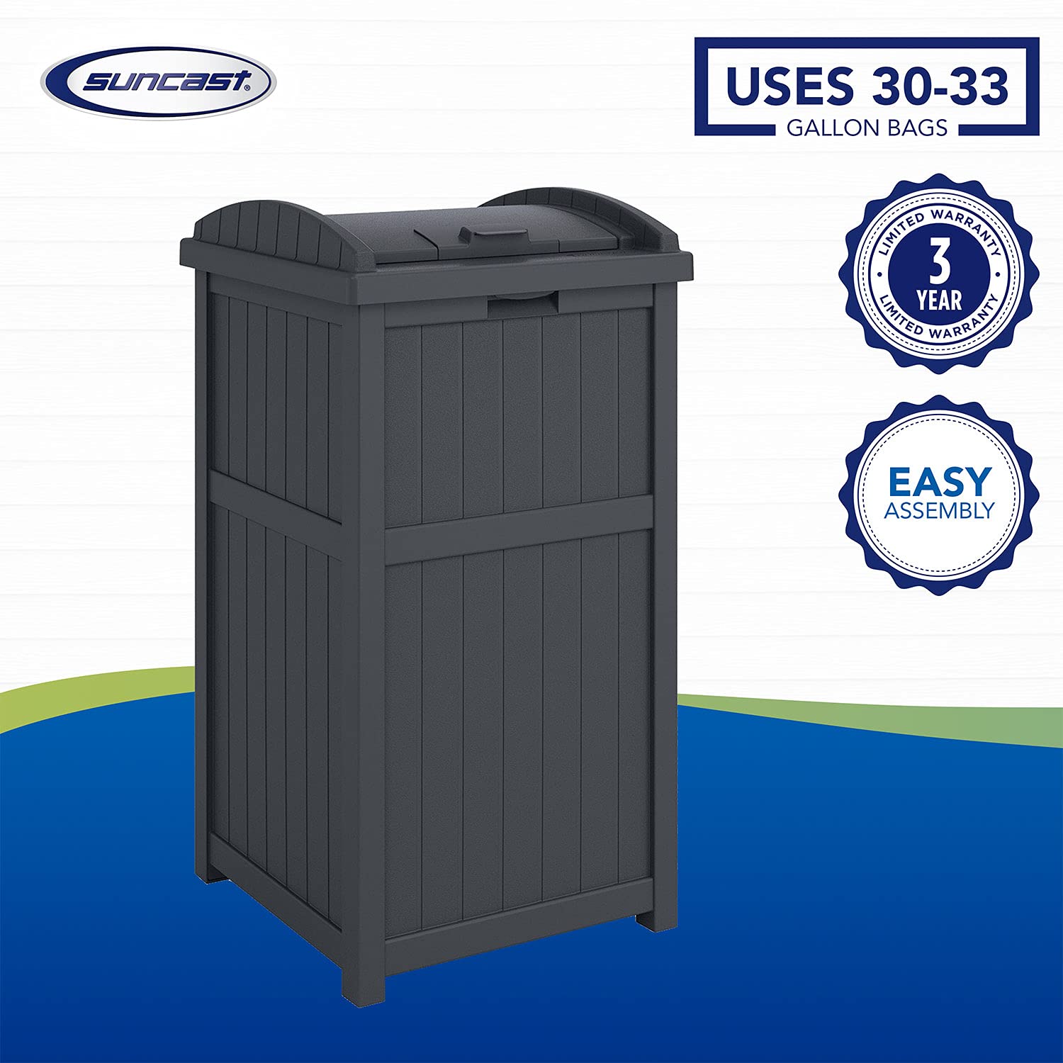 Suncast Trashcan Hideaway 31.5-Inch Tall Outdoor 30 Gallon Durable Garbage Can Trash Waste Bin Container with Latching Lid. Cyberspace