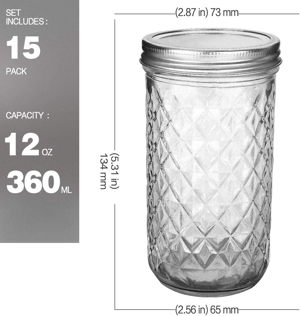 Mason Jars 12 OZ. VERONES Canning Jars Jelly Jars With Regular Lids.15 PACK