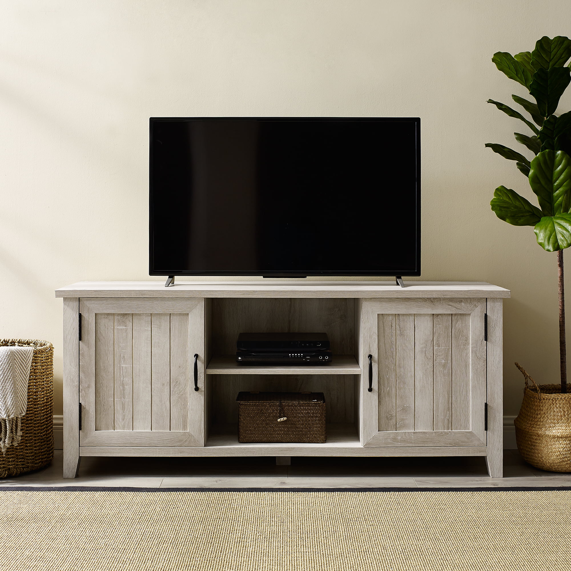 Woven Paths Franklin Grooved 2-Door TV Stand for TVs up to 65″. White Oak