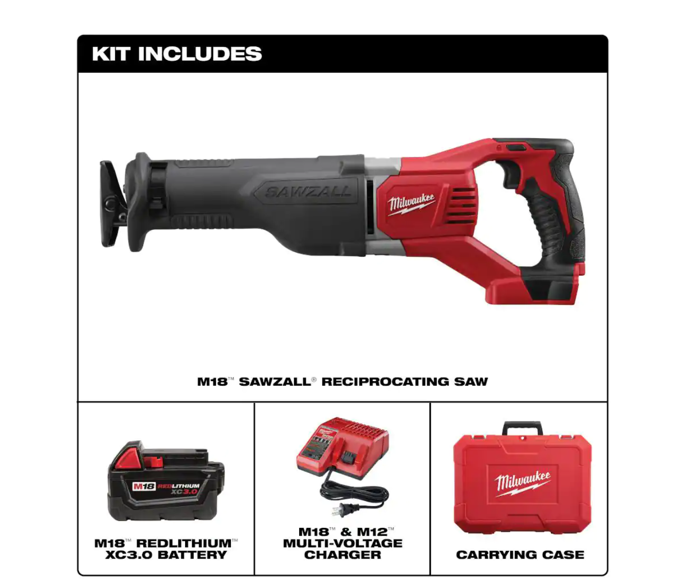 Milwaukee 2621-21 M18 18V Lithium-Ion Cordless SAWZALL Reciprocating Saw W/(1) 3.0Ah Batteries. Charger. Hard Case