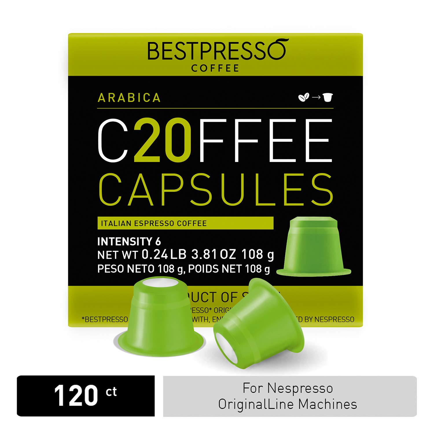 Bestpresso Coffee for Nespresso Original Machine 120 pods Certified Genuine Espresso Arabica Blend (Light Intensity). Pods Compatible with Nespresso Original 60 Days Satisfaction Guarantee