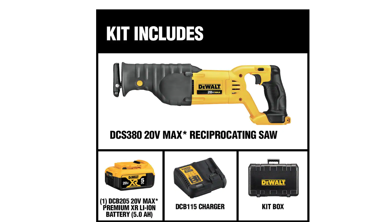 DEWALT DCS380P1 20-Volt MAX Cordless Reciprocating Saw with (1) 20-Volt Battery 5.0Ah & Charger