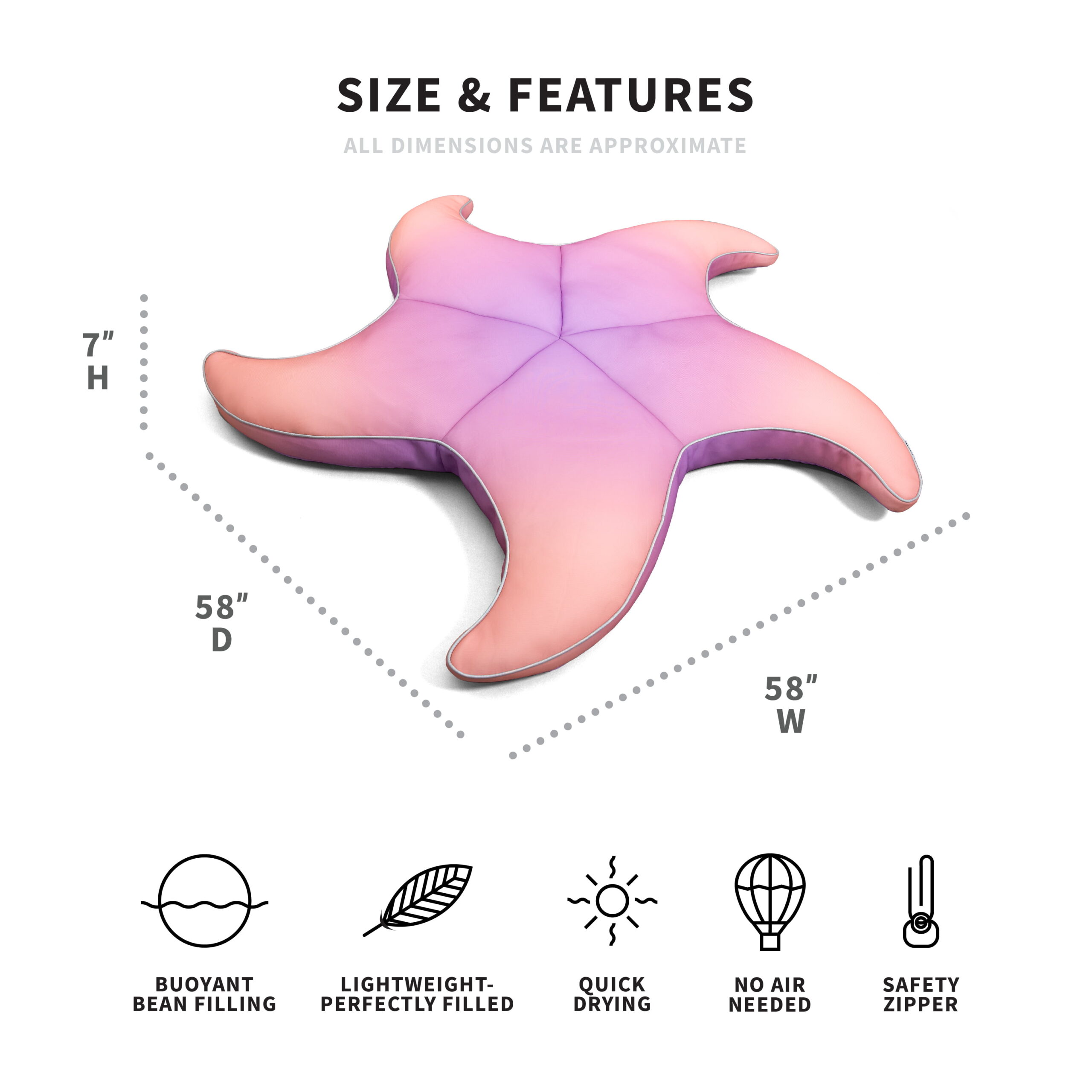 Big Joe Wavy Starfish No Inflation Needed Novelty Pool Float. Le Ombre Magenta Double Sided Mesh. 5ft Big