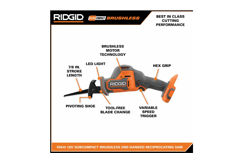 RIDGID R8648B 18V SubCompact Brushless Cordless One-Handed Reciprocating Saw (Tool Only)