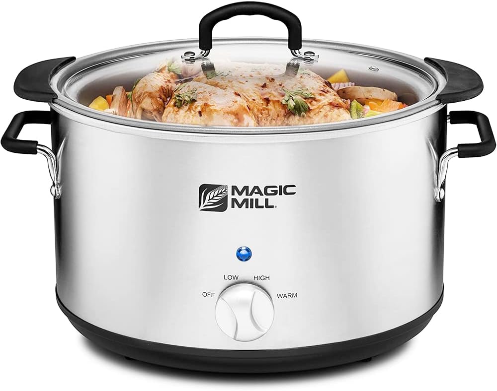 Magic Mill Extra Large 10 Quart Slow Cooker With Metal Searing Pot & Transparent Tempered Glass Lid Multipurpose Lightweight Slow Cookers. Pot is Safe to Put the On the Flame. Dishwasher Safe