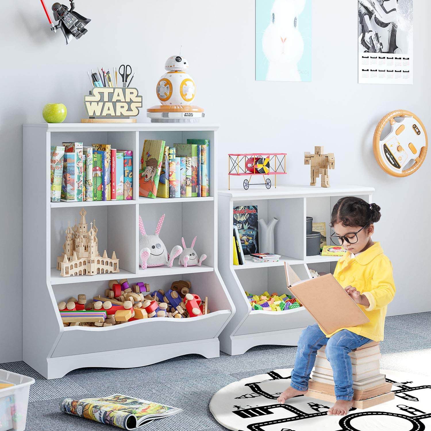 Homfa Kid-s Cubby Toy Storage Cabinet. Wood Toy Organizer of 5 Bins. Children-s White Bookcase. Toy Chest for Bedroom Living Room