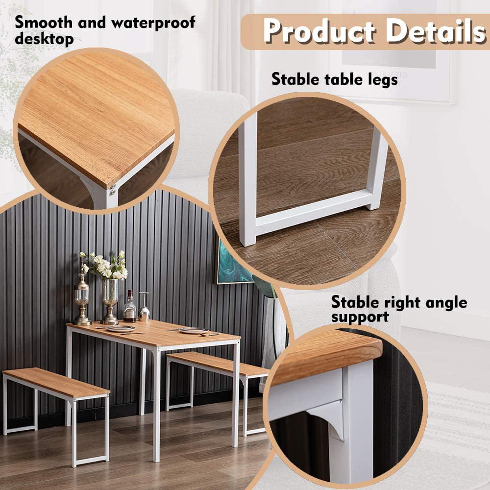 Bonzy 3 Pcs Outdoor/Kitchen 29.5” H Table Set with 2 Benches 4-Seating Modern Wood Look. Off White