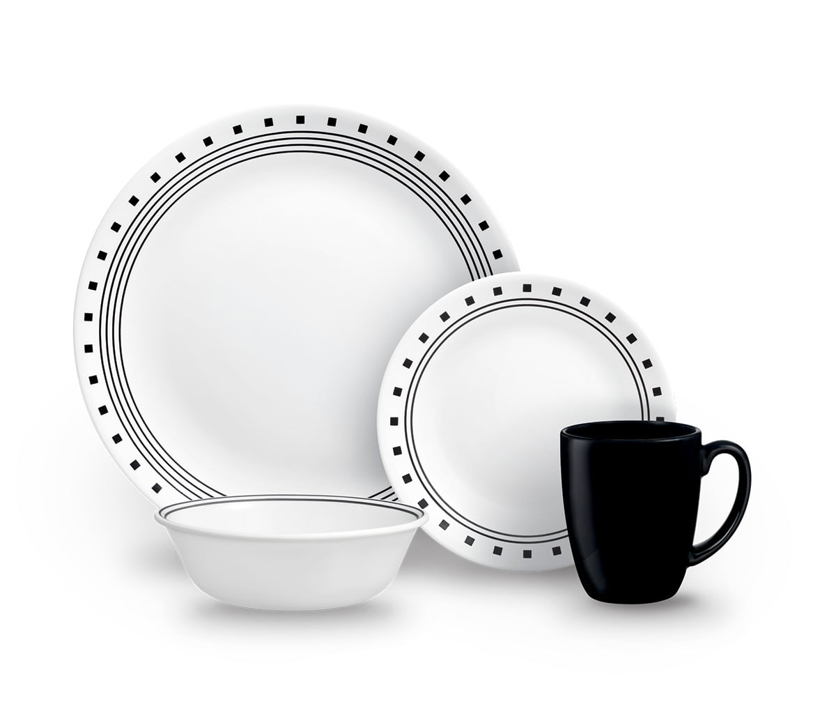 Corelle Classic City Block. 16-Piece. White and Black. Dinnerware Set