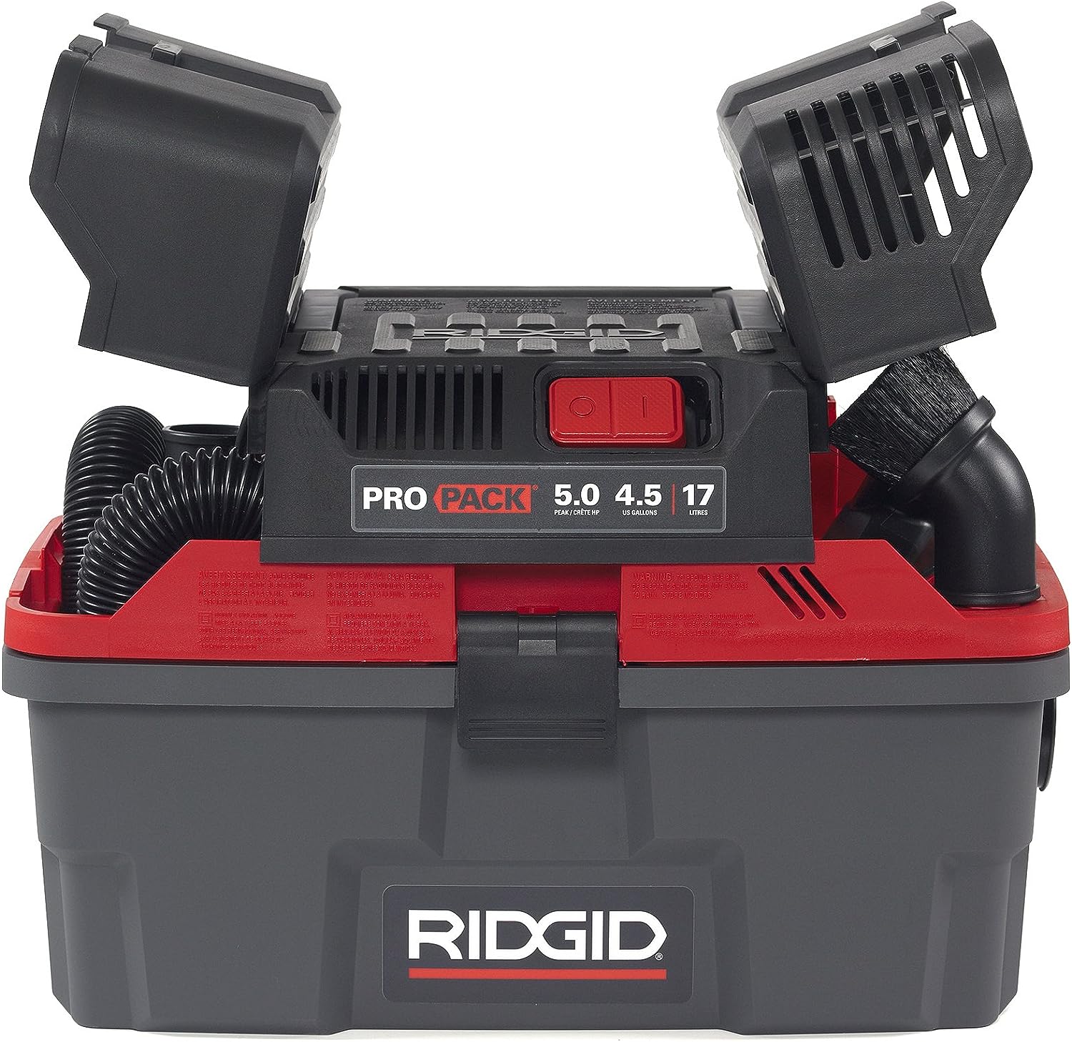 RIDGID 50318 4500RV ProPack 4.5-Gal. Portable Wet Dry Shop Vacuum with Toolbox Design. 5.0 Peak HP Motor. Expandable Pro Hose. and Blower Port. Red