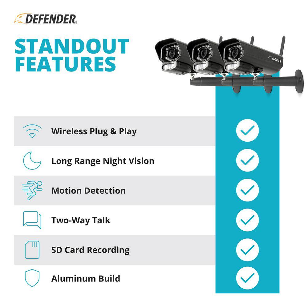 Defender PHOENIXM23C PHOENIXM2 Non-Wi-Fi. Plug-In Power Security Camera System with 7″ Monitor SD Card Recording and 3 Night Vision Cameras