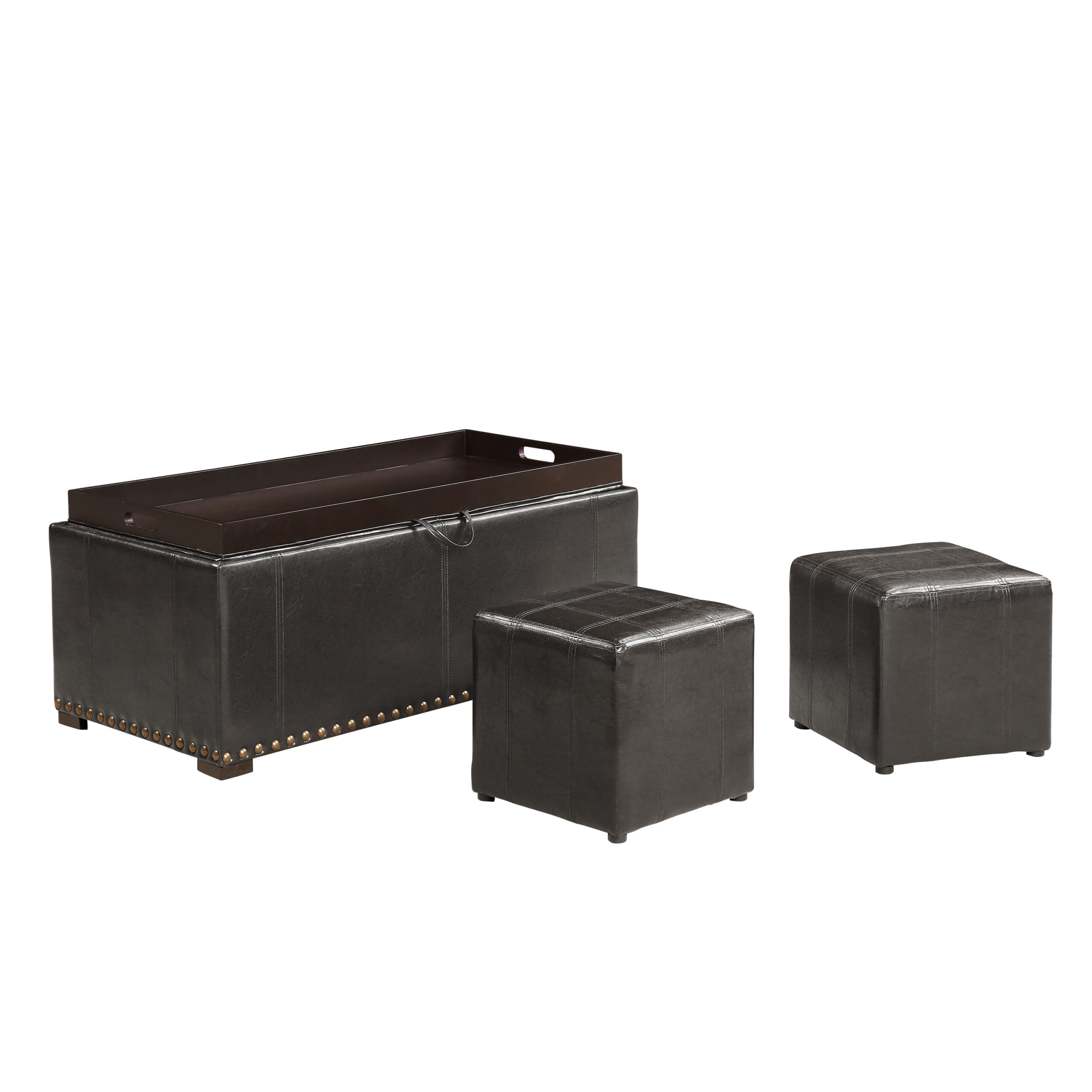 Leather Storage Bench with 2 Side Ottomans. Black