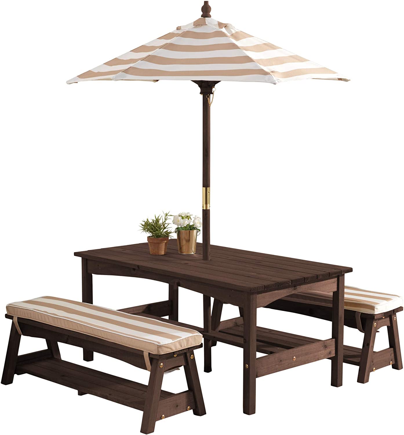 KidKraft Outdoor Wooden Table & Bench Set with Cushions and Umbrella. Kids Backyard Furniture. Espresso with Oatmeal and White Stripe Fabric. Gift for Ages 3-8. 42.25″ x 22.75″ x 19″. Honey