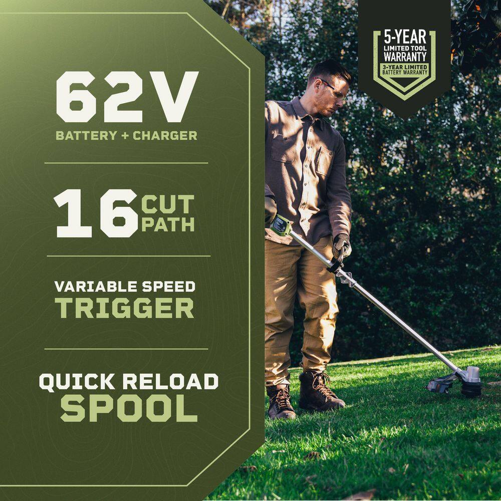 Green Machine GMST6200-A 62V Cordless Battery 16in. String Trimmer Cut Swath Brushless Motor with Auto-wind spool and 2.5 Ah Battery and Charger