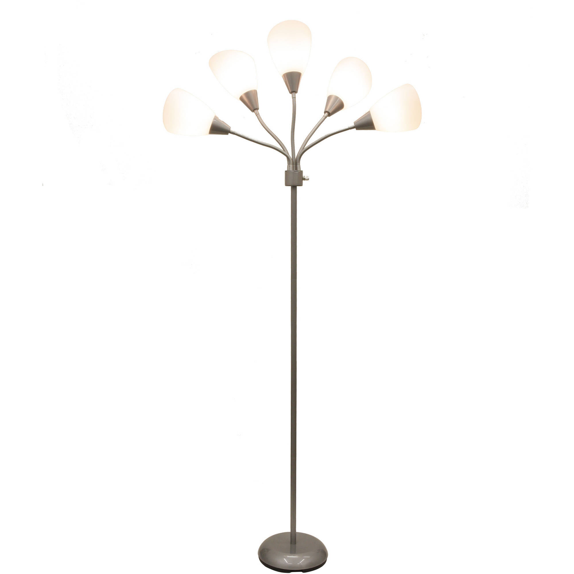 Mainstays 5-Light Multihead Floor Lamp. Silver with White Shade and a Metal Base
