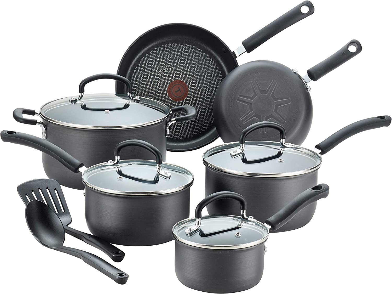 T-fal Ultimate Hard Anodized Nonstick 12 Piece Cookware Set. Dishwasher Safe Pots and Pans Set. Black